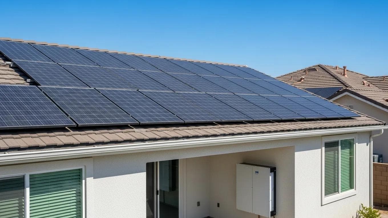 Modern California home with rooftop solar panels and battery backup